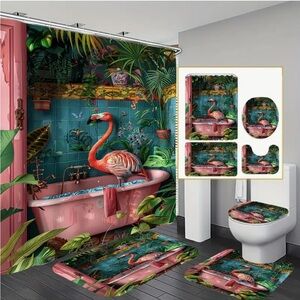 Tropical Flamingo Shower Curtain Bathroom Set - Pink and Teal